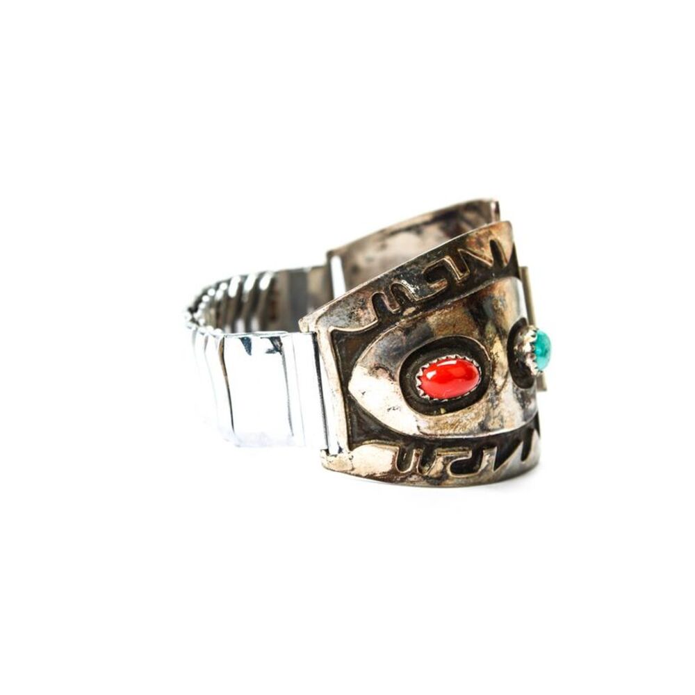 Designer Unisex 925 Silver + S Steel Turquoise + Coral Southwest Watch Band 6" - Picture 4 of 9